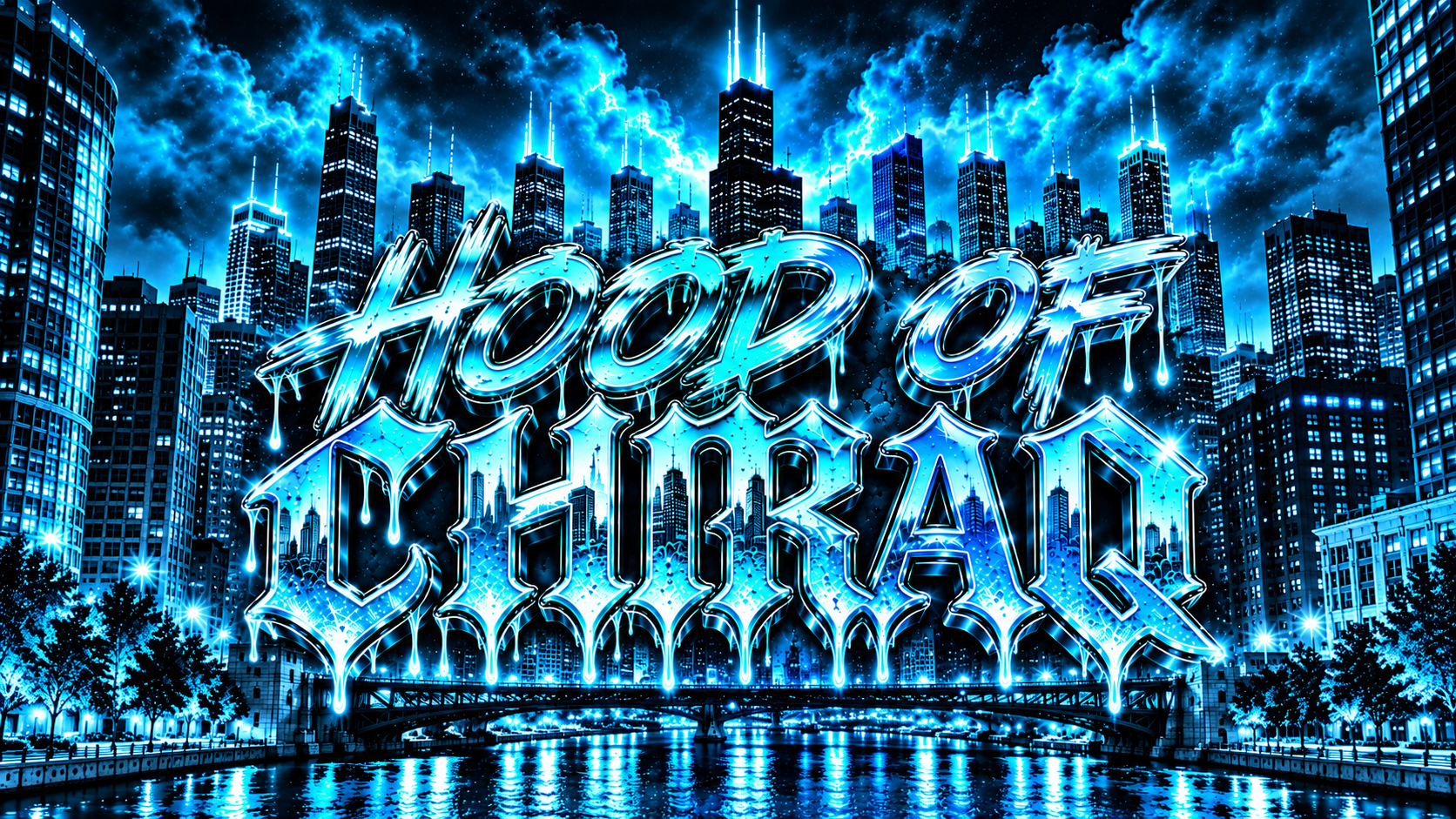 Hood of Chiraq WL city skyline artwork with blue chrome lettering